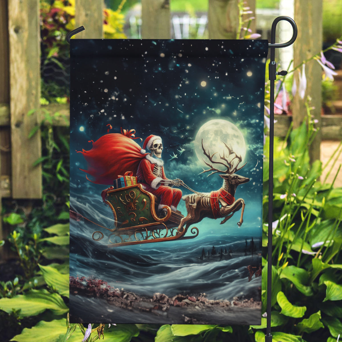 Skeleton Santa Claus Garden Flag Santa Claus Is Coming To Town - Wonder Print Shop