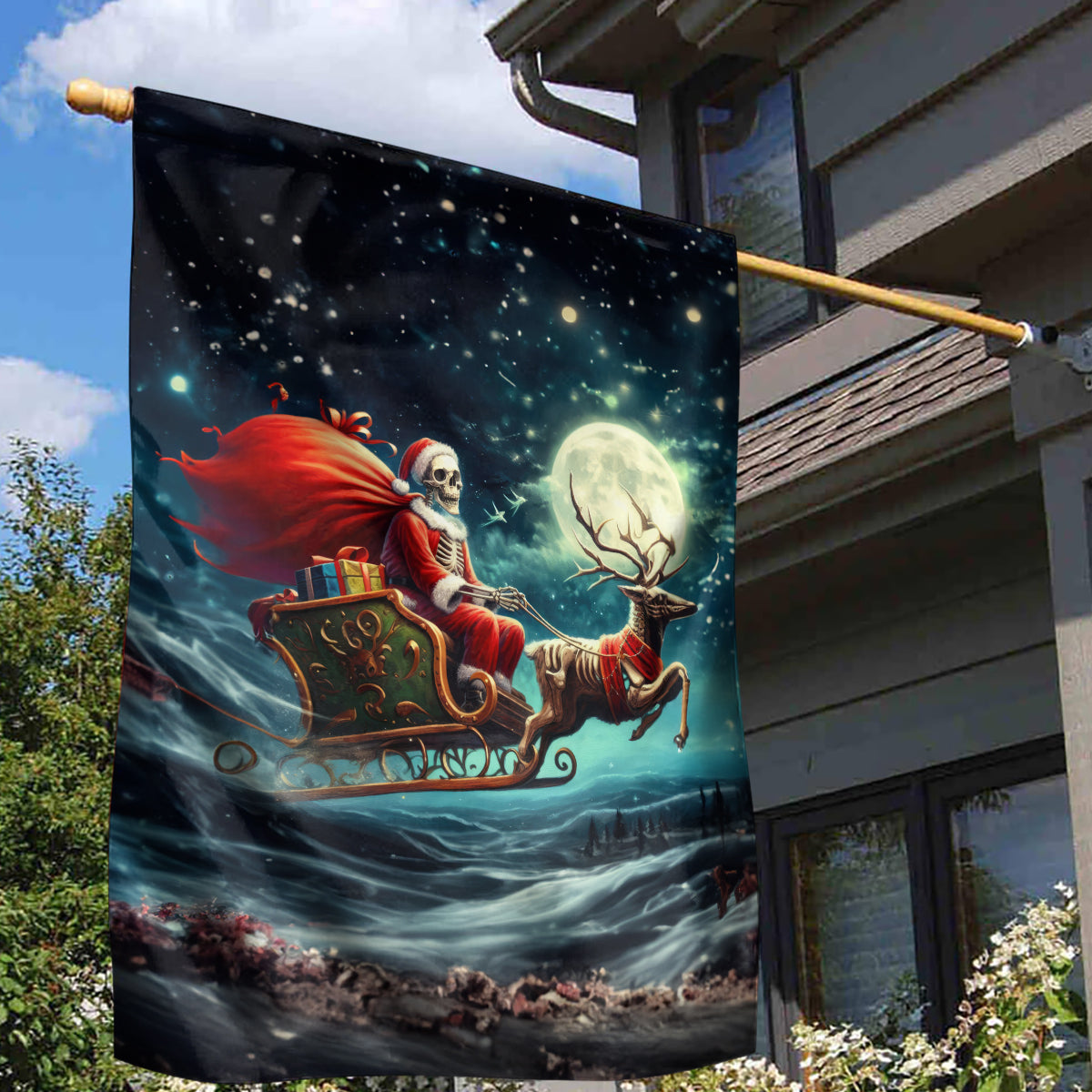 Skeleton Santa Claus Garden Flag Santa Claus Is Coming To Town - Wonder Print Shop