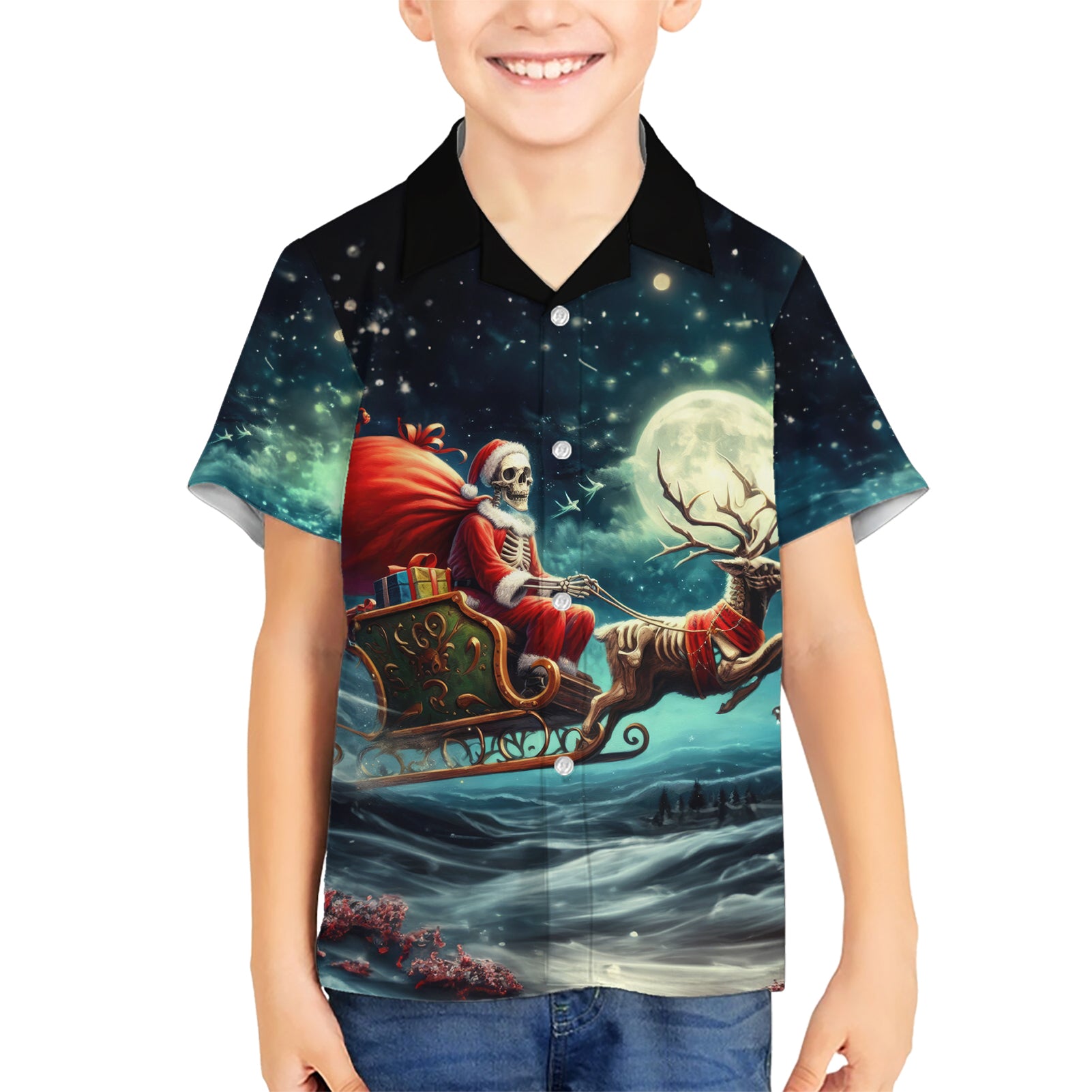 Skeleton Santa Claus Kid Hawaiian Shirt Santa Claus Is Coming To Town - Wonder Print Shop