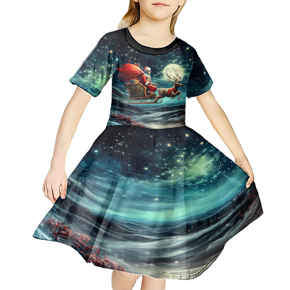Skeleton Santa Claus Kid Short Sleeve Dress Santa Claus Is Coming To Town - Wonder Print Shop