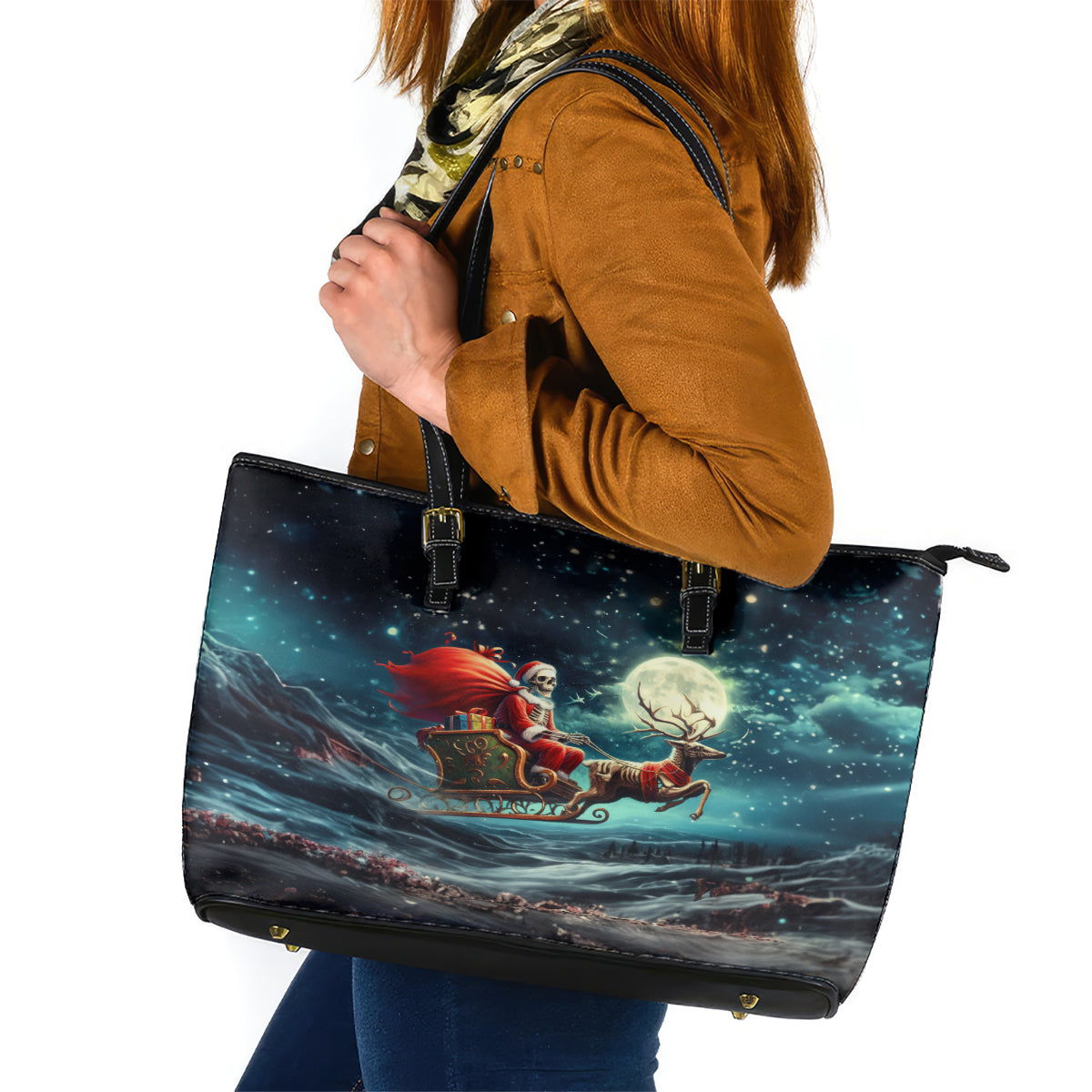 Skeleton Santa Claus Leather Tote Bag Santa Claus Is Coming To Town - Wonder Print Shop