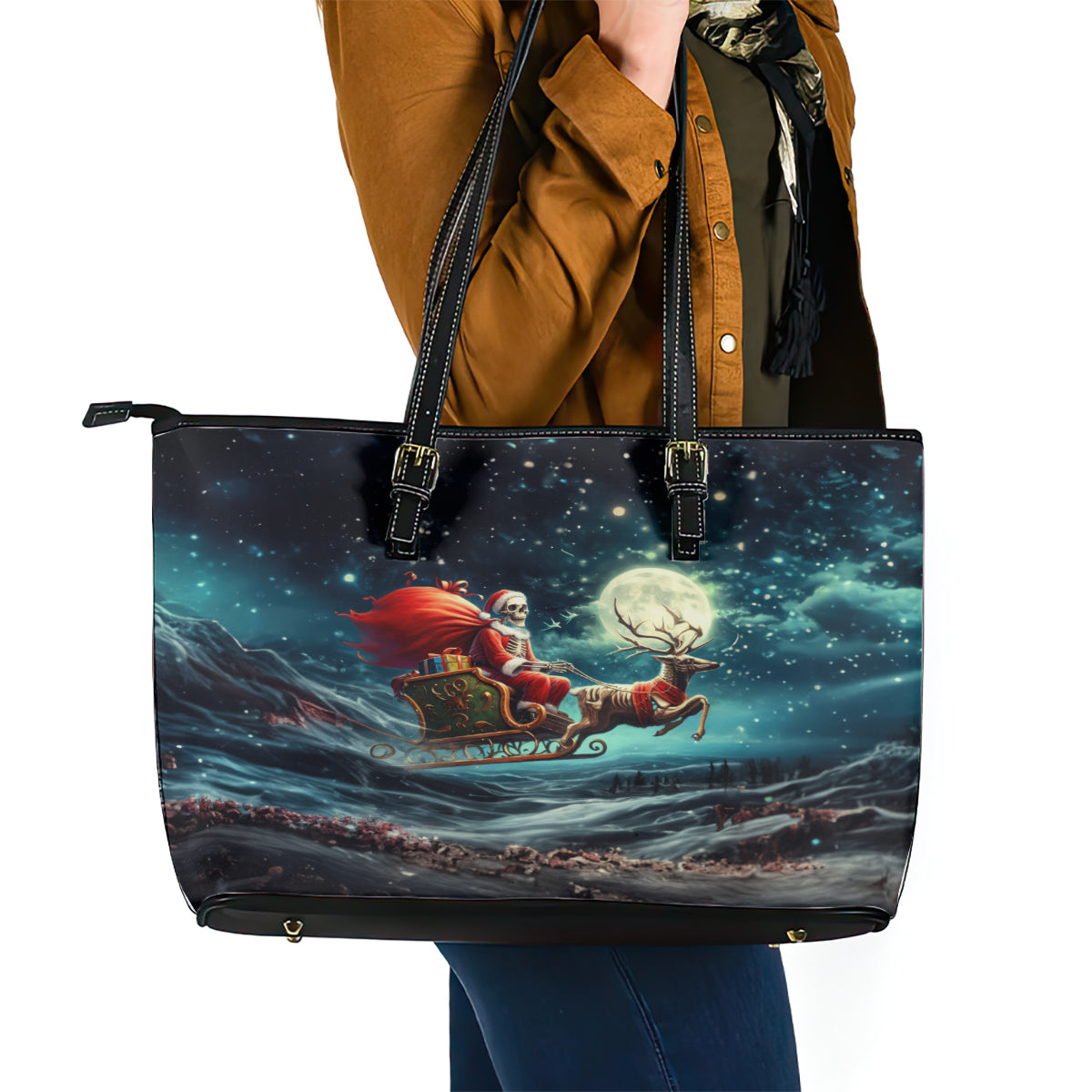 Skeleton Santa Claus Leather Tote Bag Santa Claus Is Coming To Town - Wonder Print Shop
