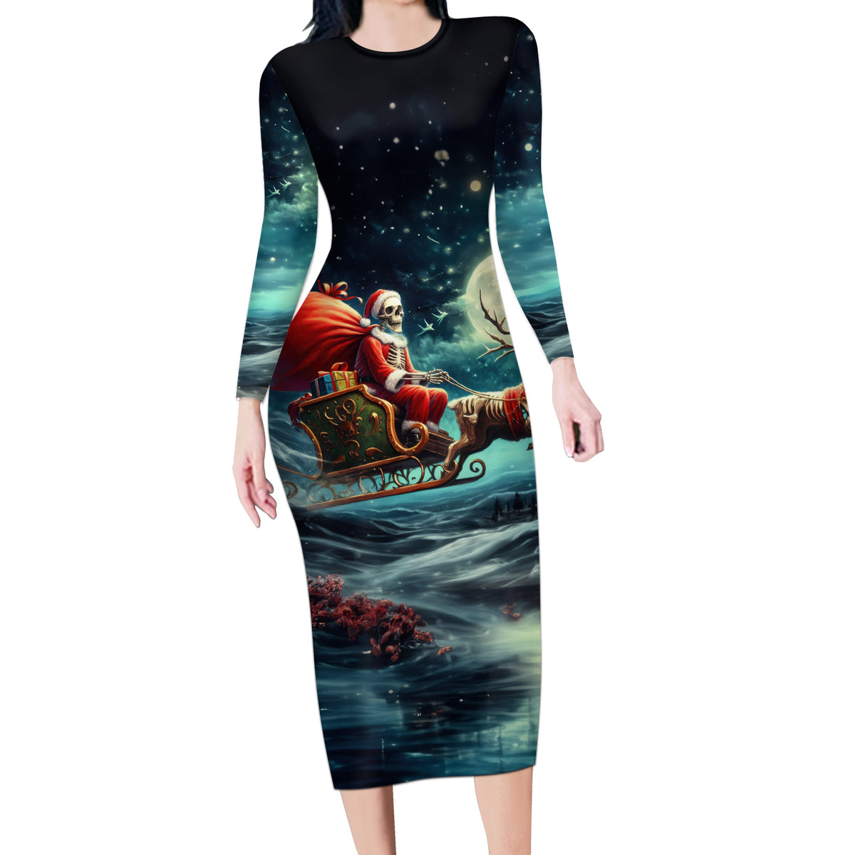 Skeleton Santa Claus Long Sleeve Bodycon Dress Santa Claus Is Coming To Town - Wonder Print Shop