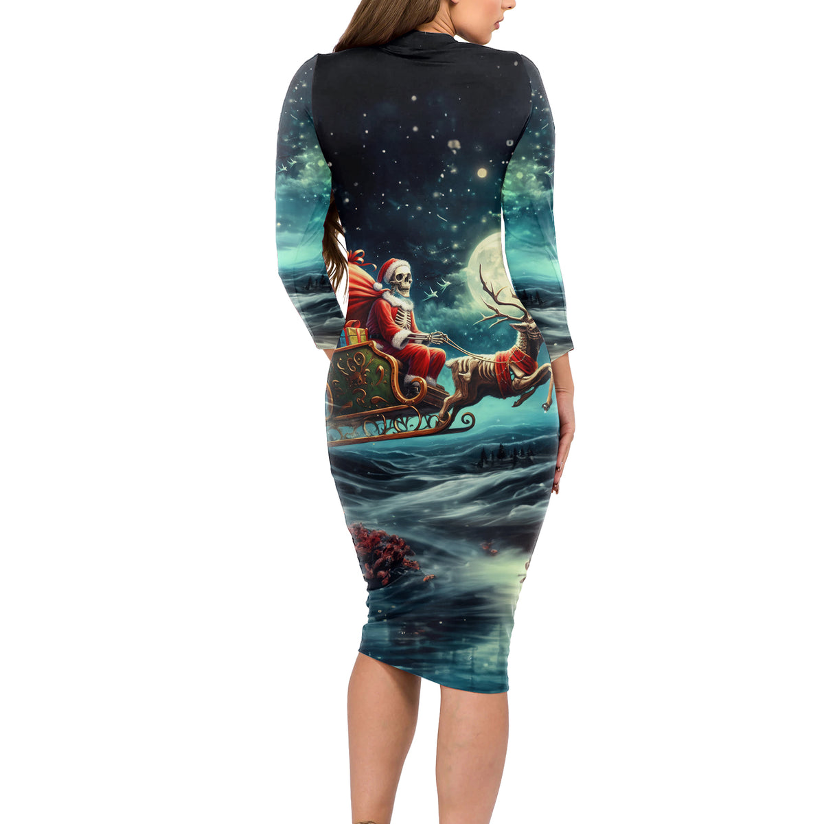 Skeleton Santa Claus Long Sleeve Bodycon Dress Santa Claus Is Coming To Town - Wonder Print Shop