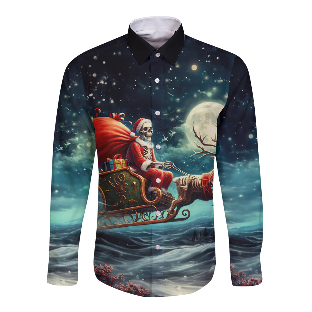 Skeleton Santa Claus Long Sleeve Button Shirt Santa Claus Is Coming To Town - Wonder Print Shop
