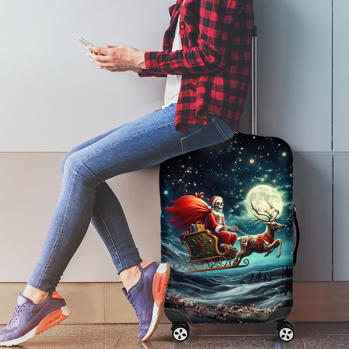 Skeleton Santa Claus Luggage Cover Santa Claus Is Coming To Town - Wonder Print Shop