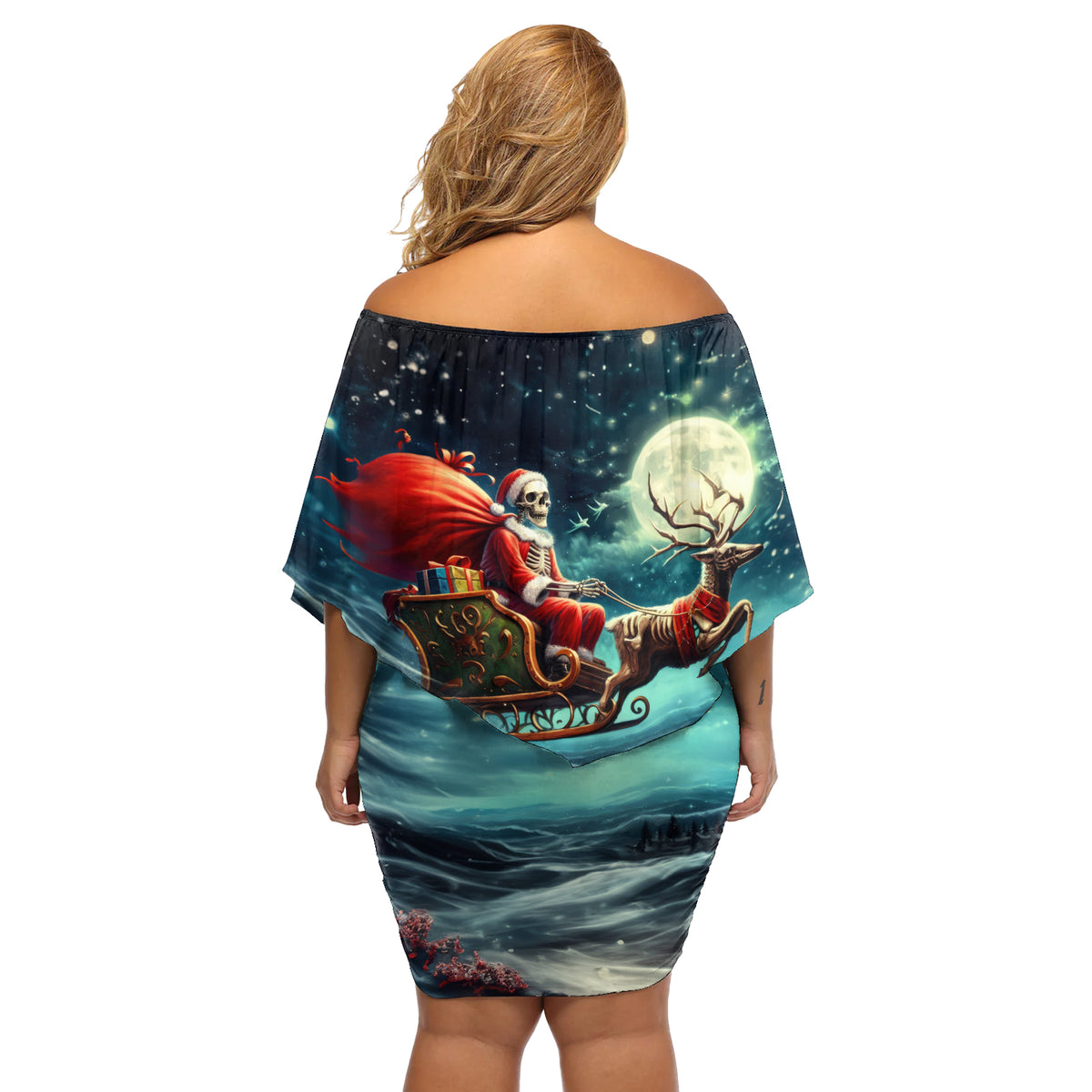 Skeleton Santa Claus Off Shoulder Short Dress Santa Claus Is Coming To Town - Wonder Print Shop