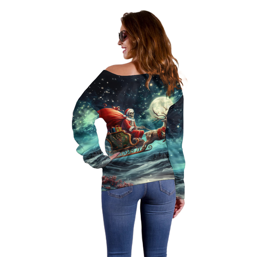 Skeleton Santa Claus Off Shoulder Sweater Santa Claus Is Coming To Town - Wonder Print Shop