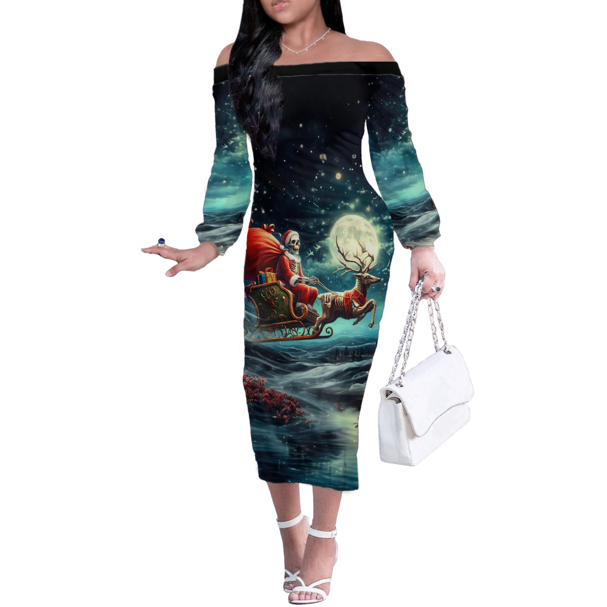 Skeleton Santa Claus Off The Shoulder Long Sleeve Dress Santa Claus Is Coming To Town - Wonder Print Shop