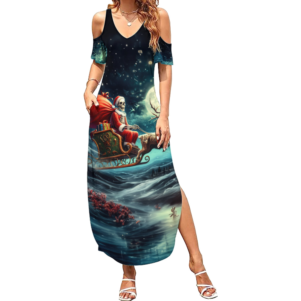 Skeleton Santa Claus Summer Maxi Dress Santa Claus Is Coming To Town - Wonder Print Shop