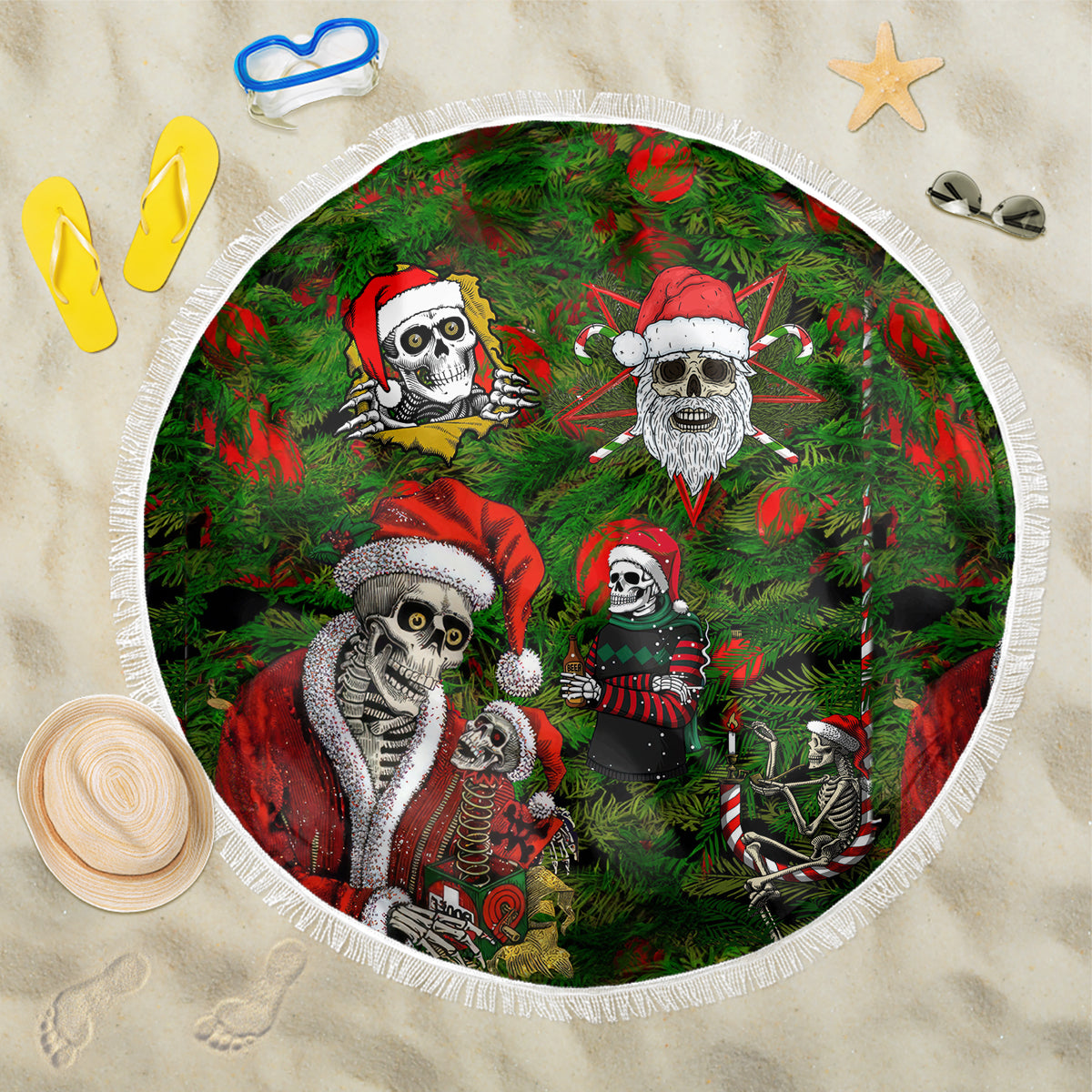 Skeleton Santa Claus Beach Blanket Multi Skeleton Santa Pattern Ugly Christmas - Wonder Print Shop