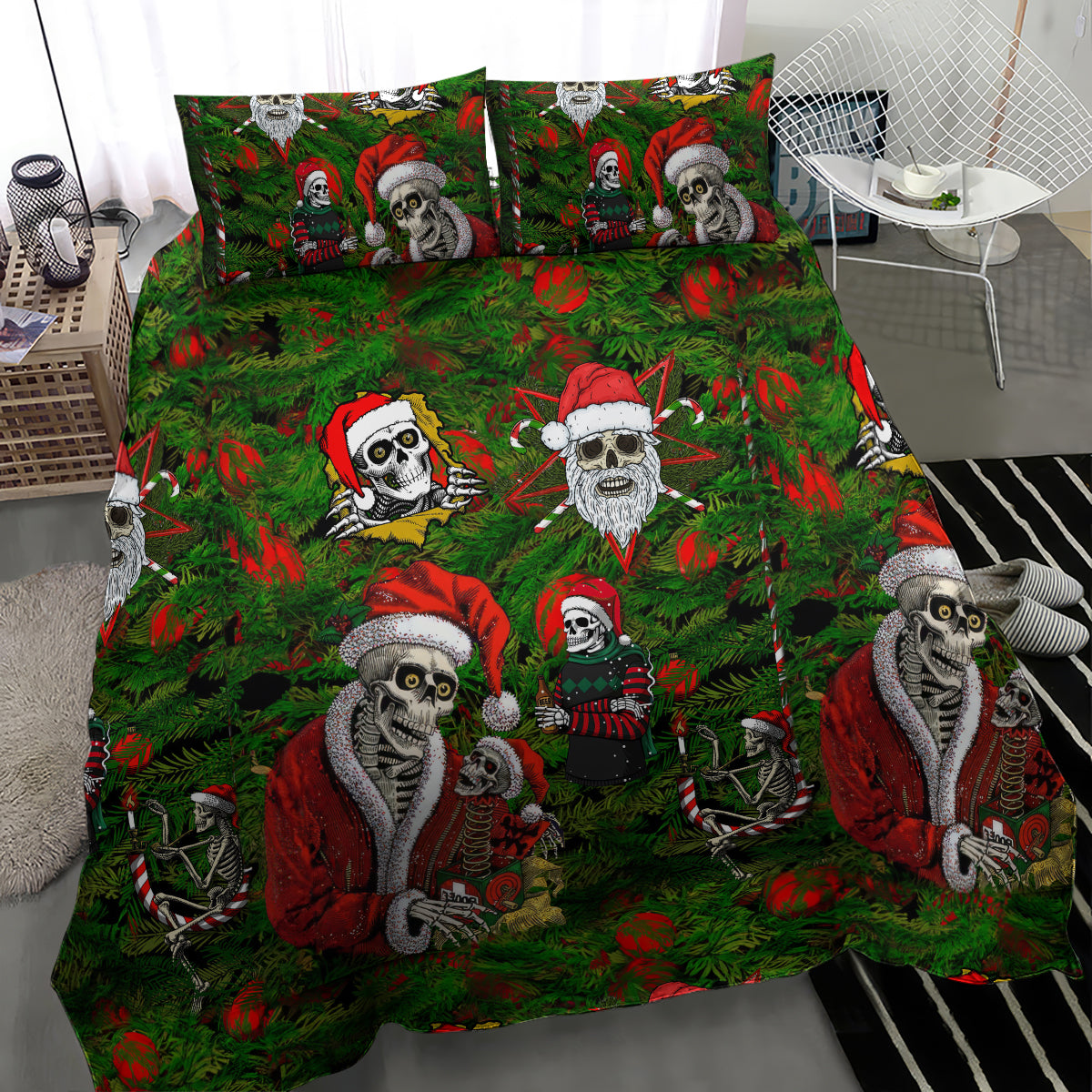Skeleton Santa Claus Bedding Set Multi Skeleton Santa Pattern Ugly Christmas - Wonder Print Shop