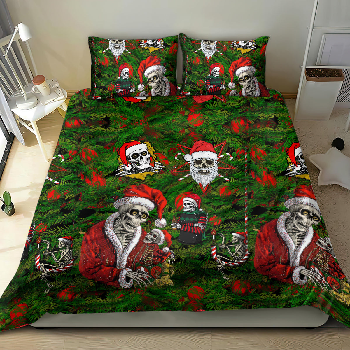 Skeleton Santa Claus Bedding Set Multi Skeleton Santa Pattern Ugly Christmas - Wonder Print Shop