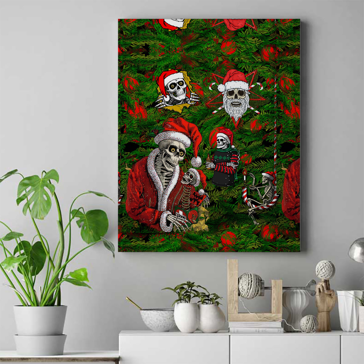 Skeleton Santa Claus Canvas Wall Art Multi Skeleton Santa Pattern Ugly Christmas - Wonder Print Shop