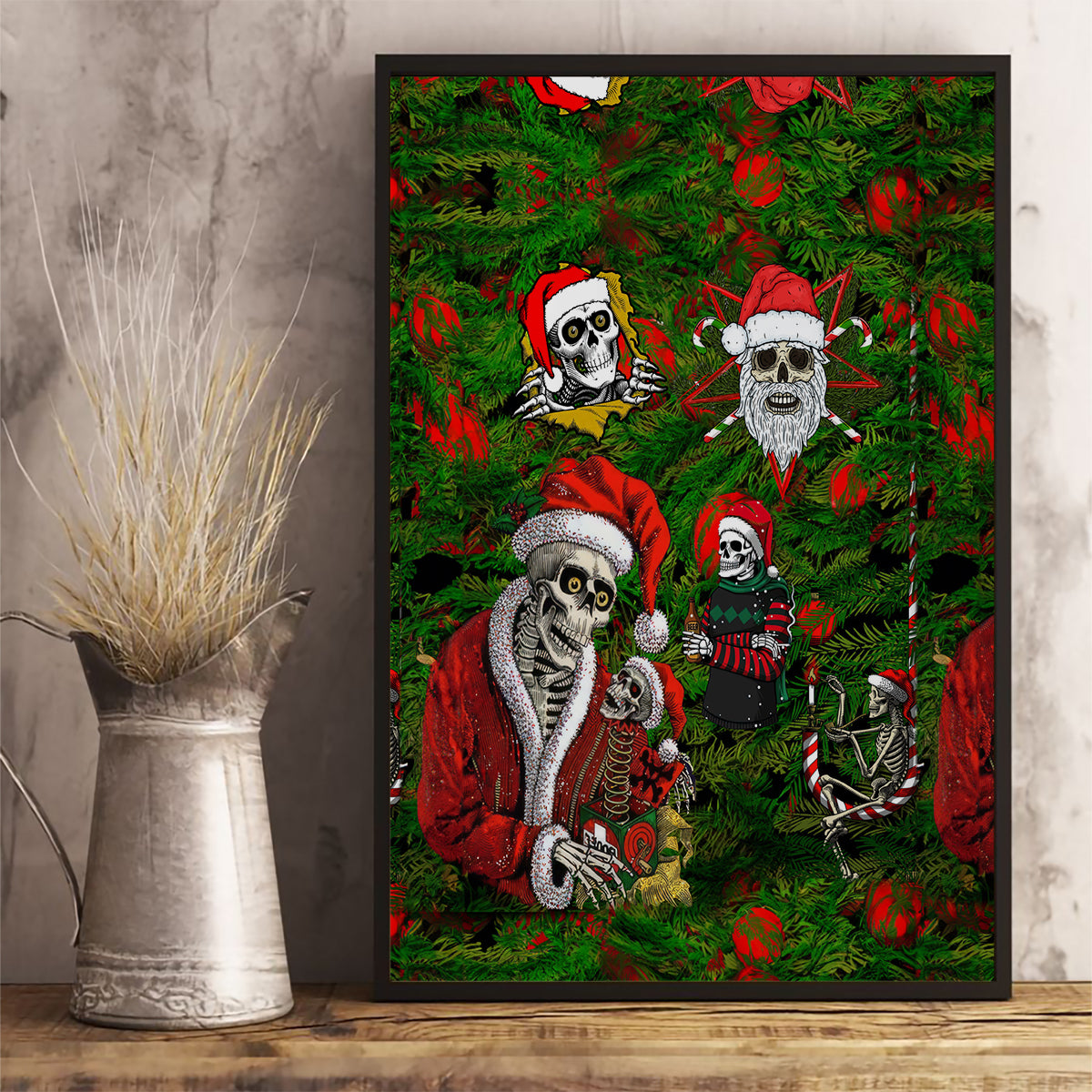 Skeleton Santa Claus Canvas Wall Art Multi Skeleton Santa Pattern Ugly Christmas - Wonder Print Shop
