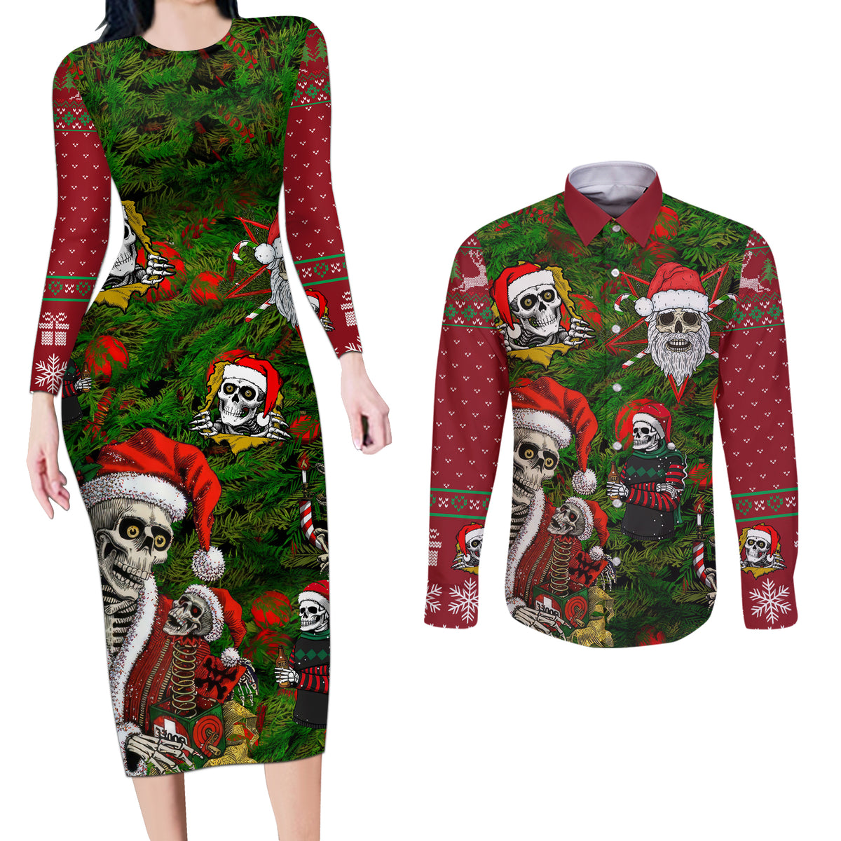 Skeleton Santa Claus Couples Matching Long Sleeve Bodycon Dress and Long Sleeve Button Shirt Multi Skeleton Santa Pattern Ugly Christmas - Wonder Print Shop