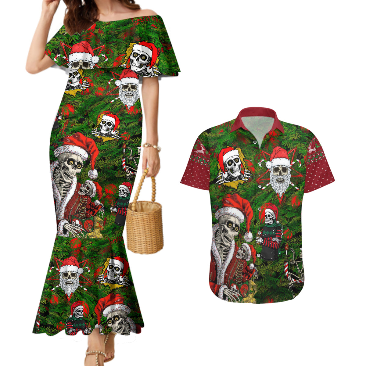 Skeleton Santa Claus Couples Matching Mermaid Dress and Hawaiian Shirt Multi Skeleton Santa Pattern Ugly Christmas - Wonder Print Shop