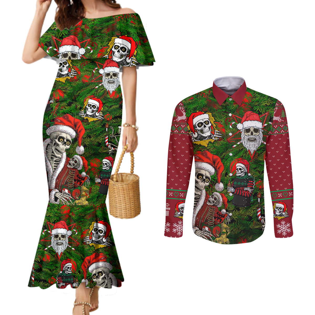 skeleton-santa-claus-couples-matching-mermaid-dress-and-long-sleeve-button-shirt-multi-skeleton-santa-pattern-ugly-christmas