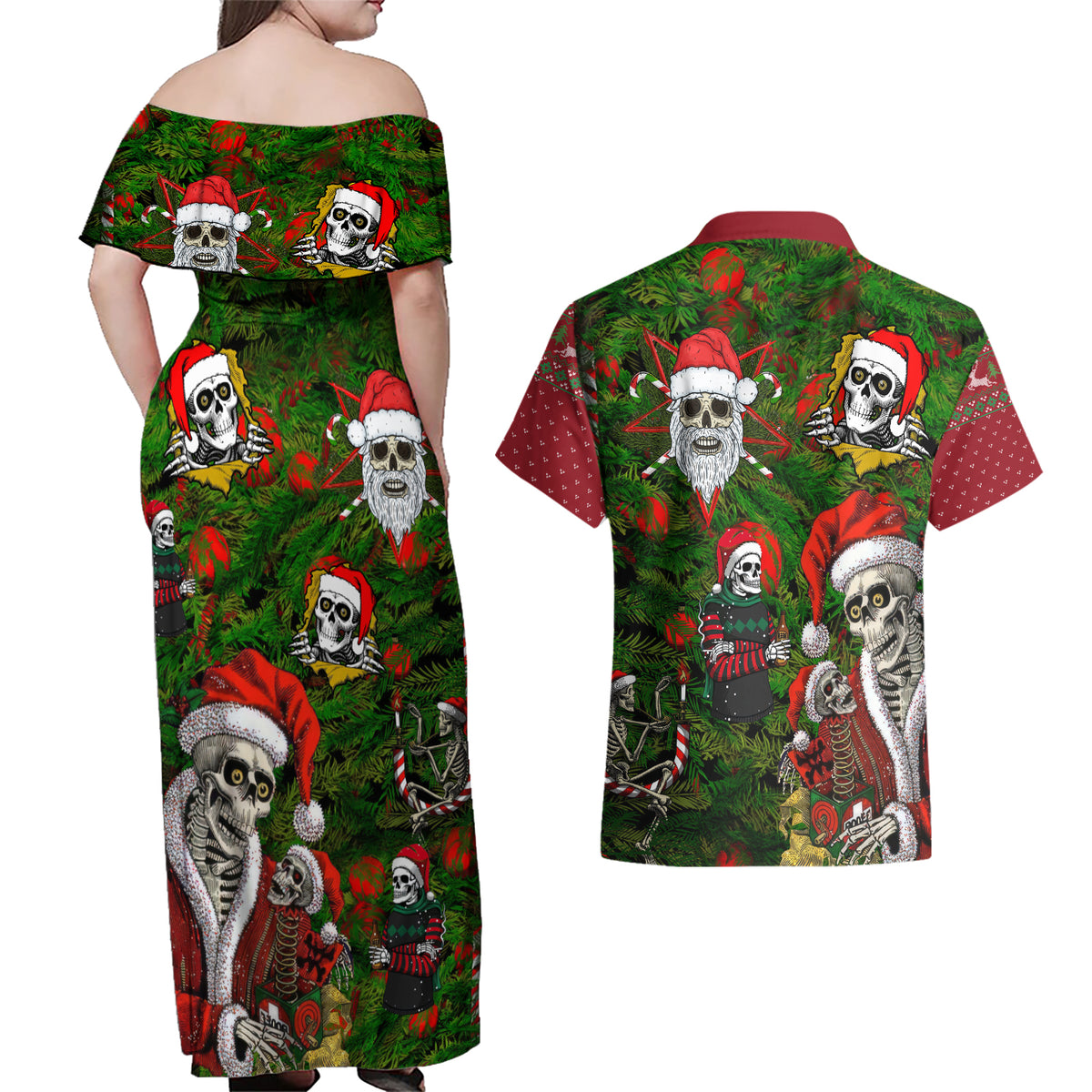 Skeleton Santa Claus Couples Matching Off Shoulder Maxi Dress and Hawaiian Shirt Multi Skeleton Santa Pattern Ugly Christmas - Wonder Print Shop