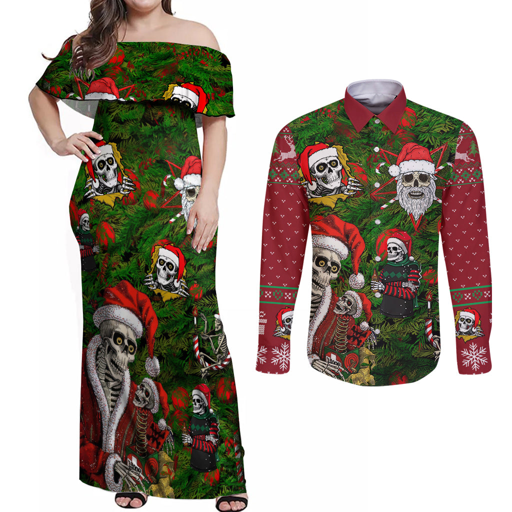 Skeleton Santa Claus Couples Matching Off Shoulder Maxi Dress and Long Sleeve Button Shirt Multi Skeleton Santa Pattern Ugly Christmas - Wonder Print Shop