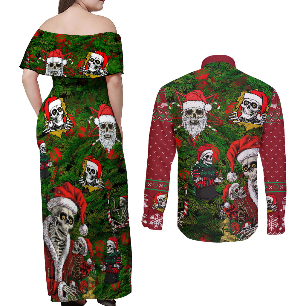 Skeleton Santa Claus Couples Matching Off Shoulder Maxi Dress and Long Sleeve Button Shirt Multi Skeleton Santa Pattern Ugly Christmas - Wonder Print Shop