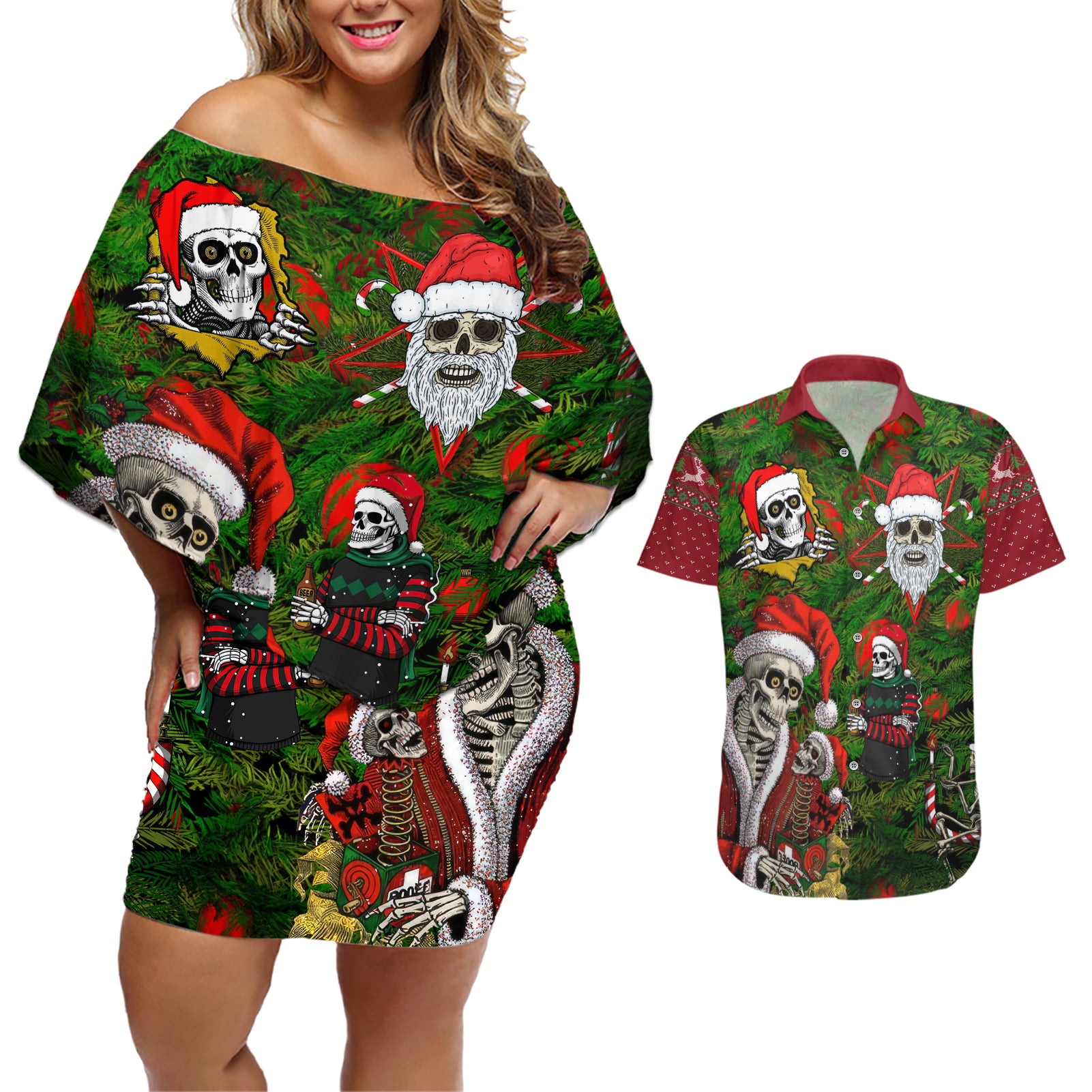 Skeleton Santa Claus Couples Matching Off Shoulder Short Dress and Hawaiian Shirt Multi Skeleton Santa Pattern Ugly Christmas - Wonder Print Shop