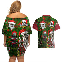 Skeleton Santa Claus Couples Matching Off Shoulder Short Dress and Hawaiian Shirt Multi Skeleton Santa Pattern Ugly Christmas - Wonder Print Shop