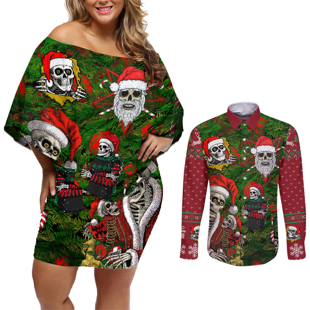 Skeleton Santa Claus Couples Matching Off Shoulder Short Dress and Long Sleeve Button Shirt Multi Skeleton Santa Pattern Ugly Christmas - Wonder Print Shop