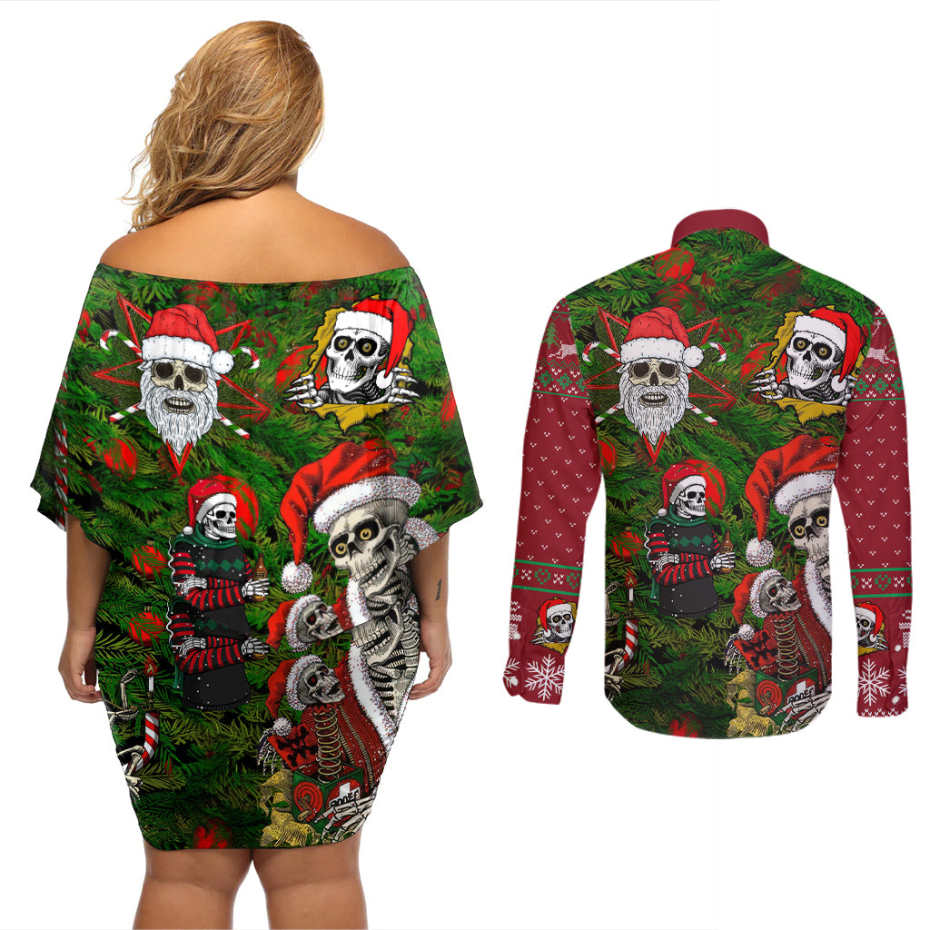 Skeleton Santa Claus Couples Matching Off Shoulder Short Dress and Long Sleeve Button Shirt Multi Skeleton Santa Pattern Ugly Christmas - Wonder Print Shop
