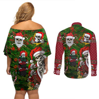Skeleton Santa Claus Couples Matching Off Shoulder Short Dress and Long Sleeve Button Shirt Multi Skeleton Santa Pattern Ugly Christmas - Wonder Print Shop