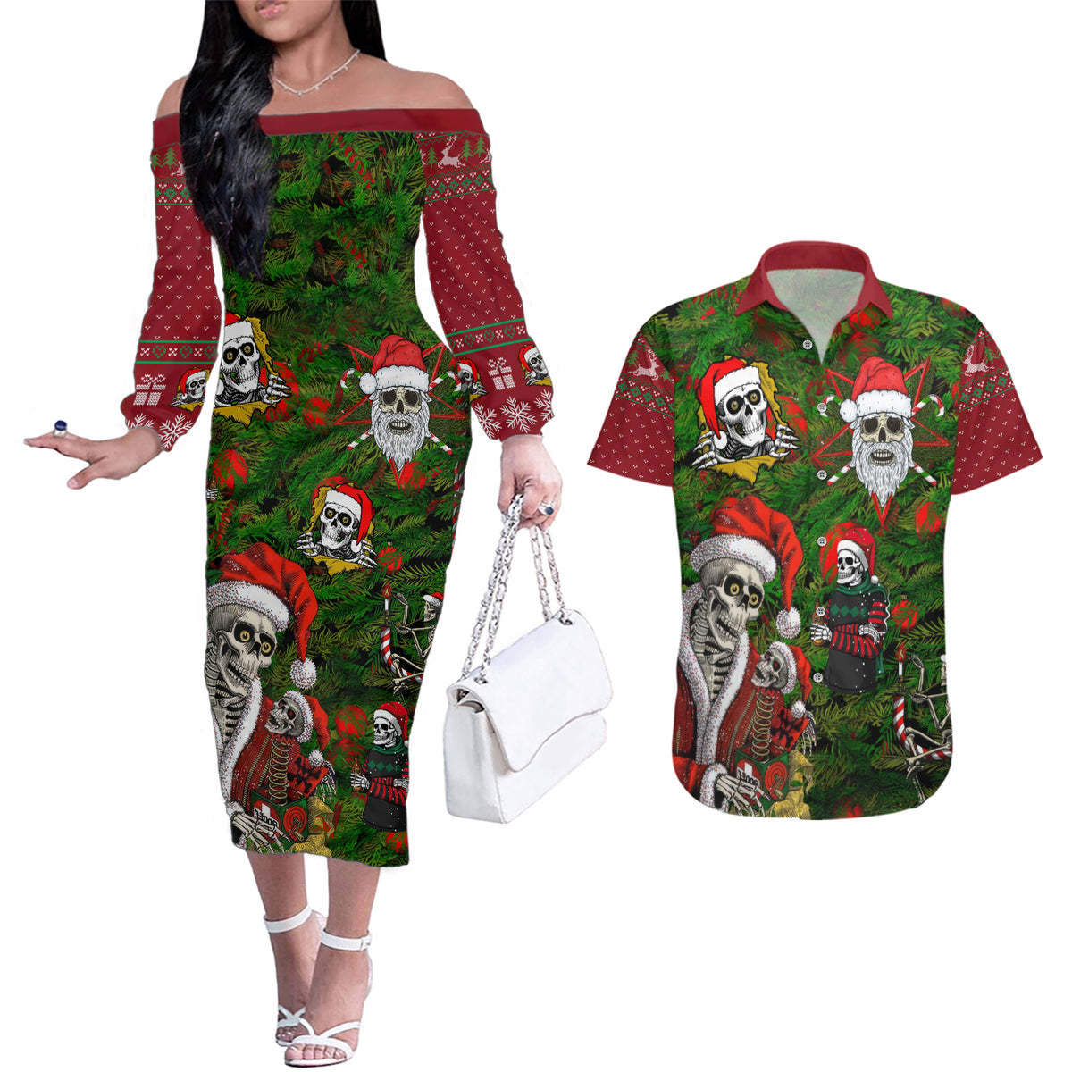 Skeleton Santa Claus Couples Matching Off The Shoulder Long Sleeve Dress and Hawaiian Shirt Multi Skeleton Santa Pattern Ugly Christmas - Wonder Print Shop