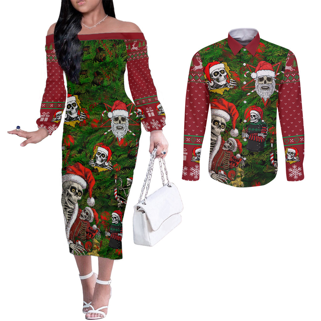 skeleton-santa-claus-couples-matching-off-the-shoulder-long-sleeve-dress-and-long-sleeve-button-shirt-multi-skeleton-santa-pattern-ugly-christmas