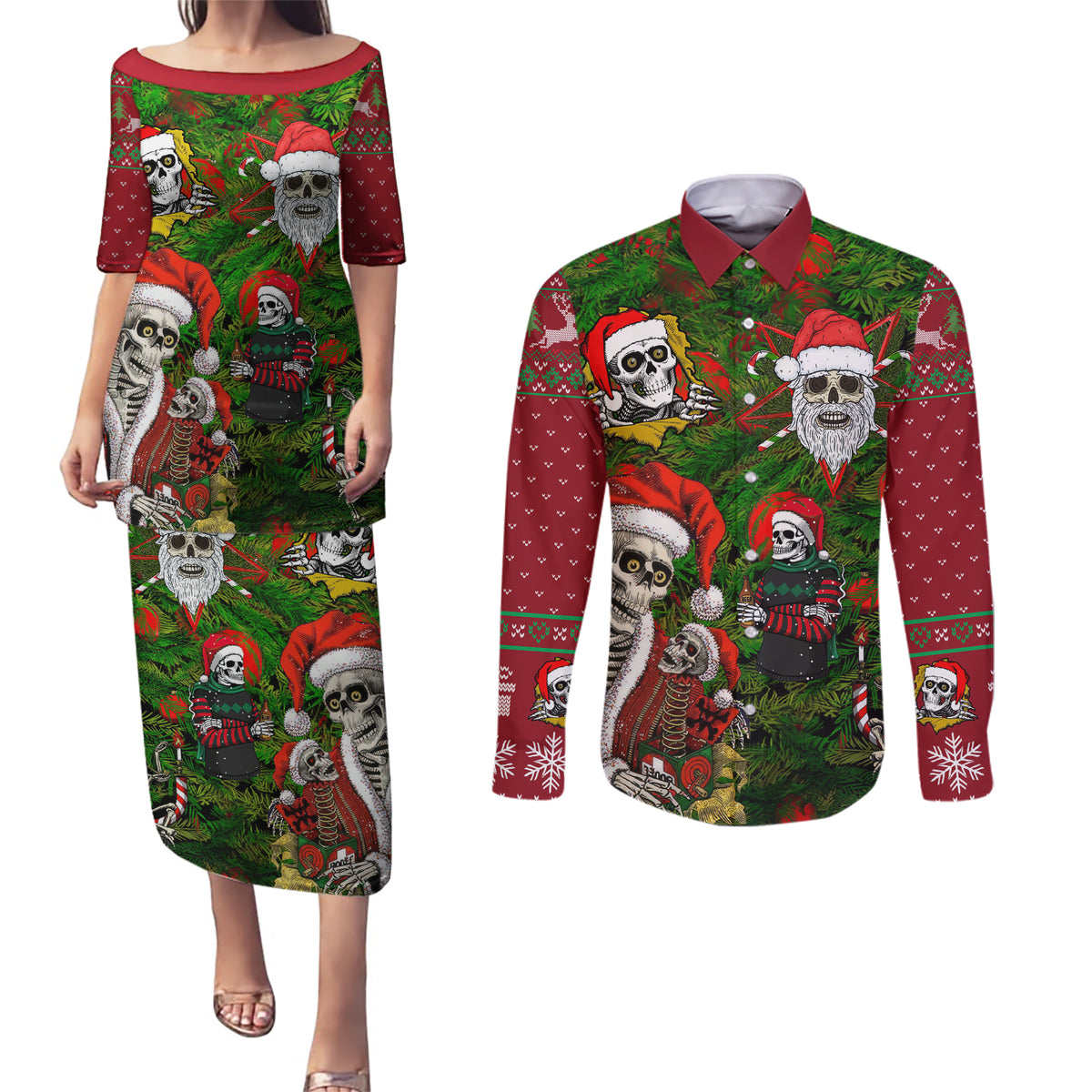 Skeleton Santa Claus Couples Matching Puletasi Dress and Long Sleeve Button Shirt Multi Skeleton Santa Pattern Ugly Christmas - Wonder Print Shop