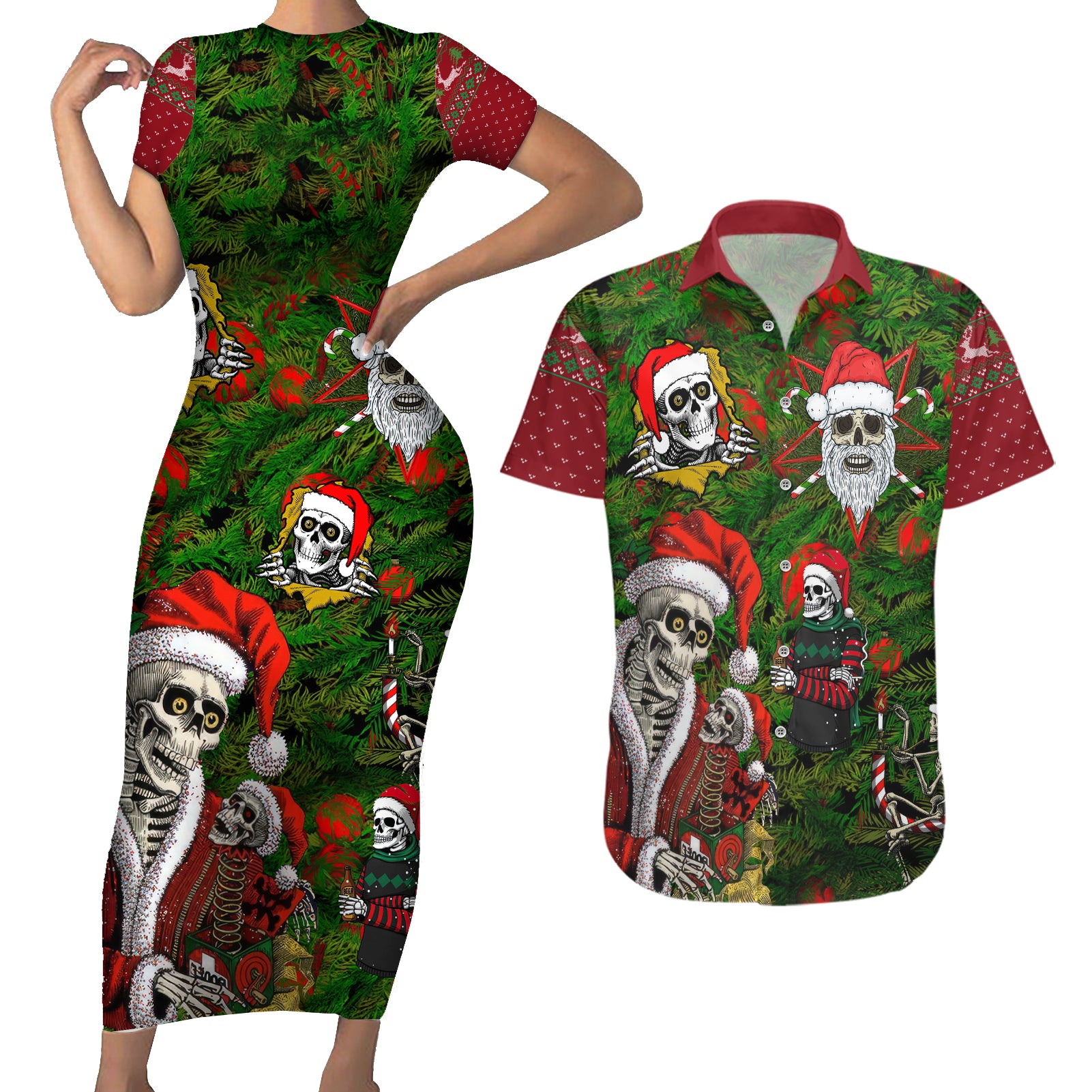 Skeleton Santa Claus Couples Matching Short Sleeve Bodycon Dress and Hawaiian Shirt Multi Skeleton Santa Pattern Ugly Christmas - Wonder Print Shop