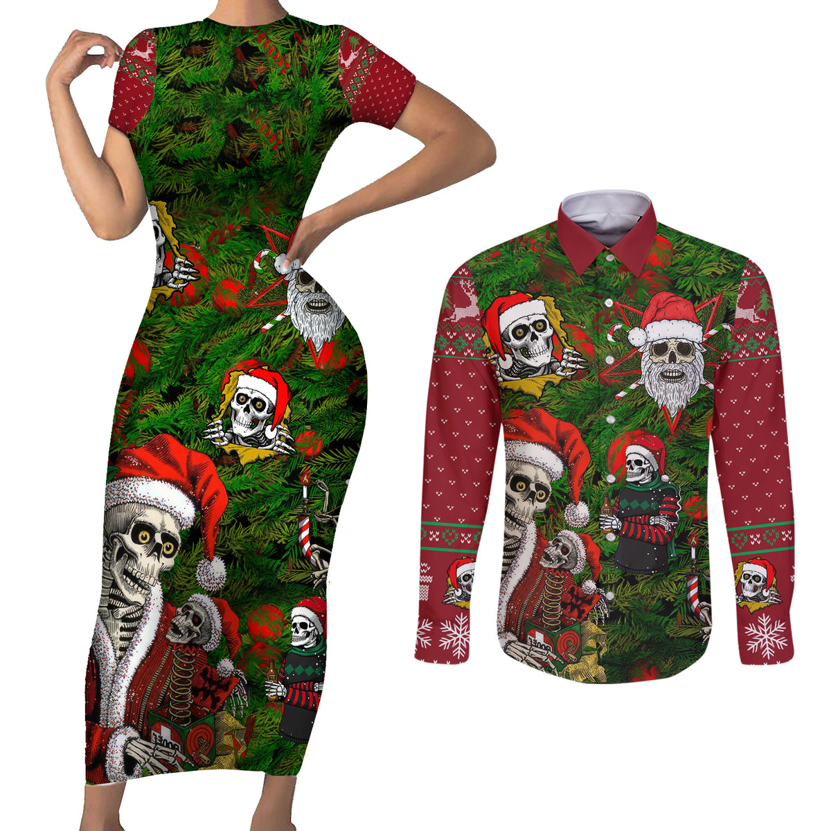 Skeleton Santa Claus Couples Matching Short Sleeve Bodycon Dress and Long Sleeve Button Shirt Multi Skeleton Santa Pattern Ugly Christmas - Wonder Print Shop