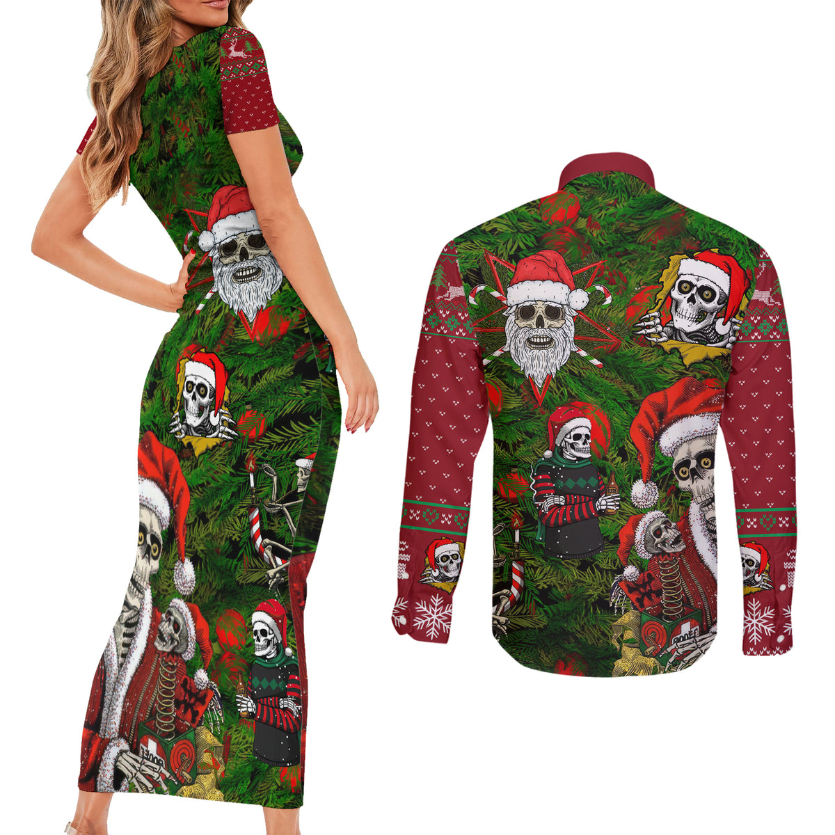 Skeleton Santa Claus Couples Matching Short Sleeve Bodycon Dress and Long Sleeve Button Shirt Multi Skeleton Santa Pattern Ugly Christmas - Wonder Print Shop