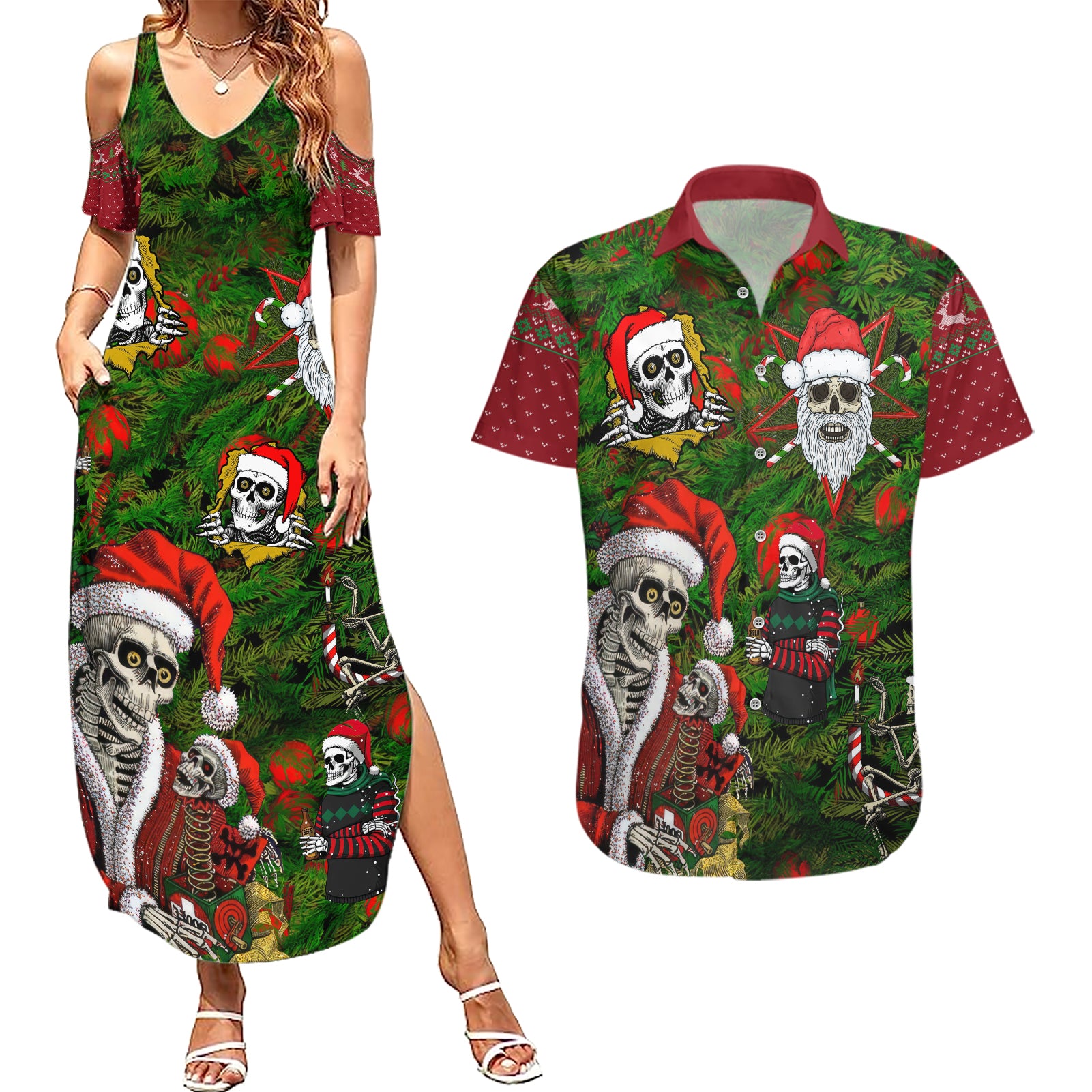 Skeleton Santa Claus Couples Matching Summer Maxi Dress and Hawaiian Shirt Multi Skeleton Santa Pattern Ugly Christmas - Wonder Print Shop