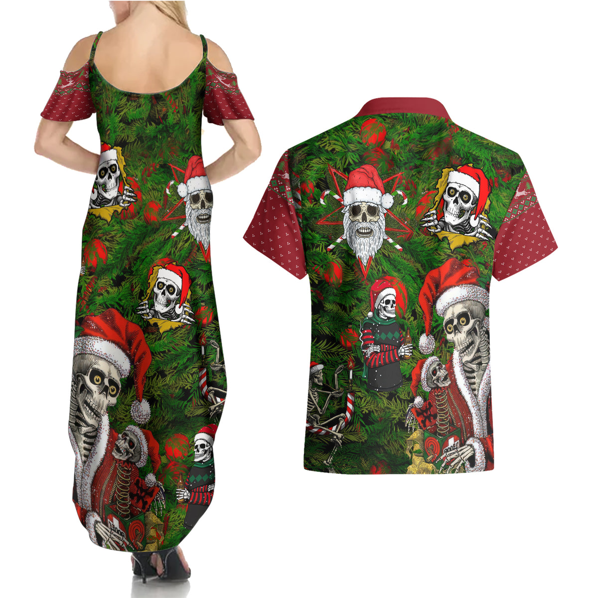 Skeleton Santa Claus Couples Matching Summer Maxi Dress and Hawaiian Shirt Multi Skeleton Santa Pattern Ugly Christmas - Wonder Print Shop