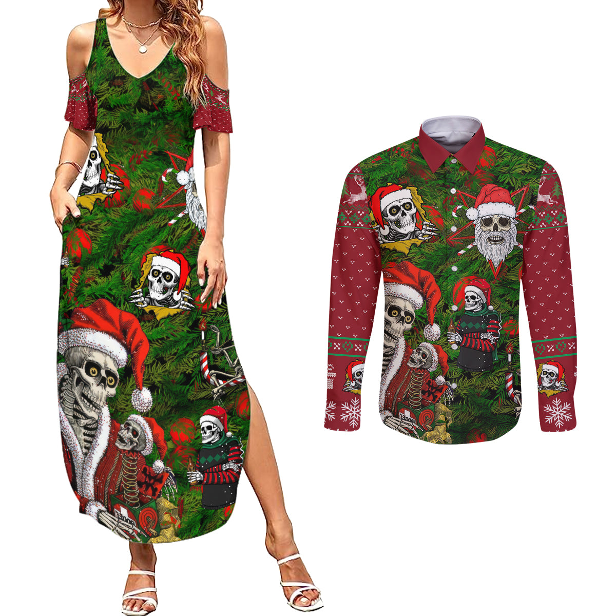 Skeleton Santa Claus Couples Matching Summer Maxi Dress and Long Sleeve Button Shirt Multi Skeleton Santa Pattern Ugly Christmas - Wonder Print Shop