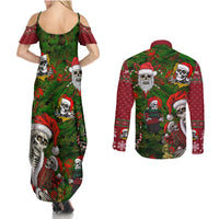 Skeleton Santa Claus Couples Matching Summer Maxi Dress and Long Sleeve Button Shirt Multi Skeleton Santa Pattern Ugly Christmas - Wonder Print Shop
