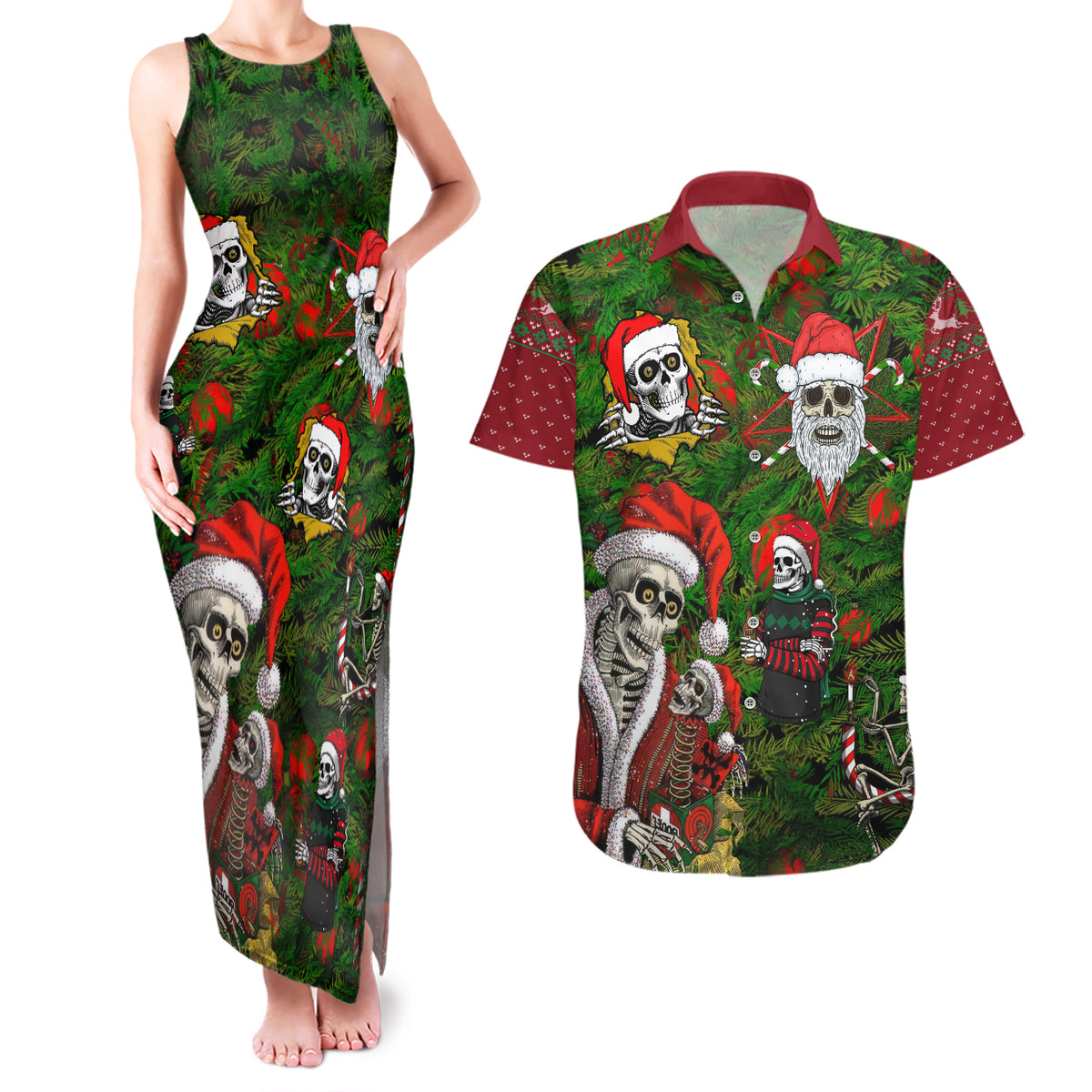 Skeleton Santa Claus Couples Matching Tank Maxi Dress and Hawaiian Shirt Multi Skeleton Santa Pattern Ugly Christmas - Wonder Print Shop