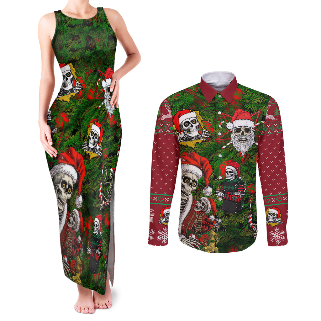 Skeleton Santa Claus Couples Matching Tank Maxi Dress and Long Sleeve Button Shirt Multi Skeleton Santa Pattern Ugly Christmas - Wonder Print Shop