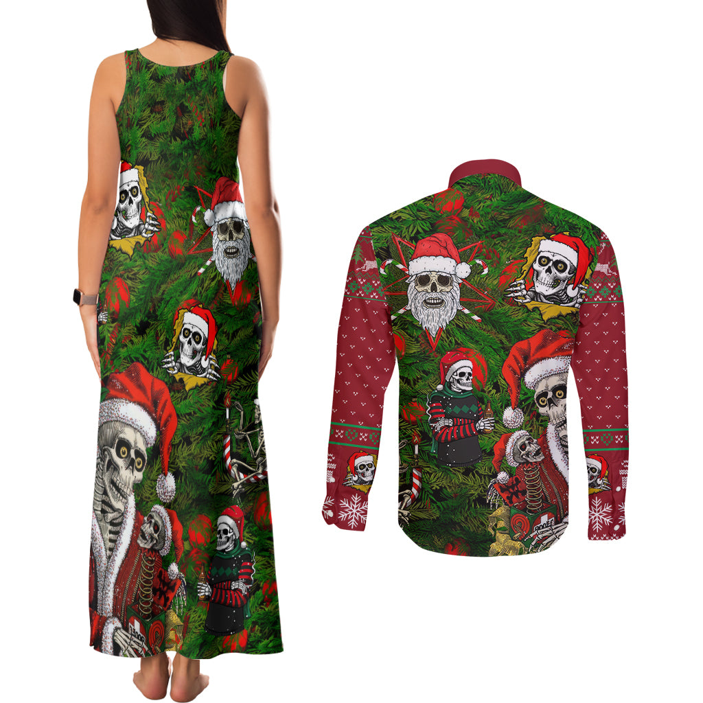 Skeleton Santa Claus Couples Matching Tank Maxi Dress and Long Sleeve Button Shirt Multi Skeleton Santa Pattern Ugly Christmas - Wonder Print Shop