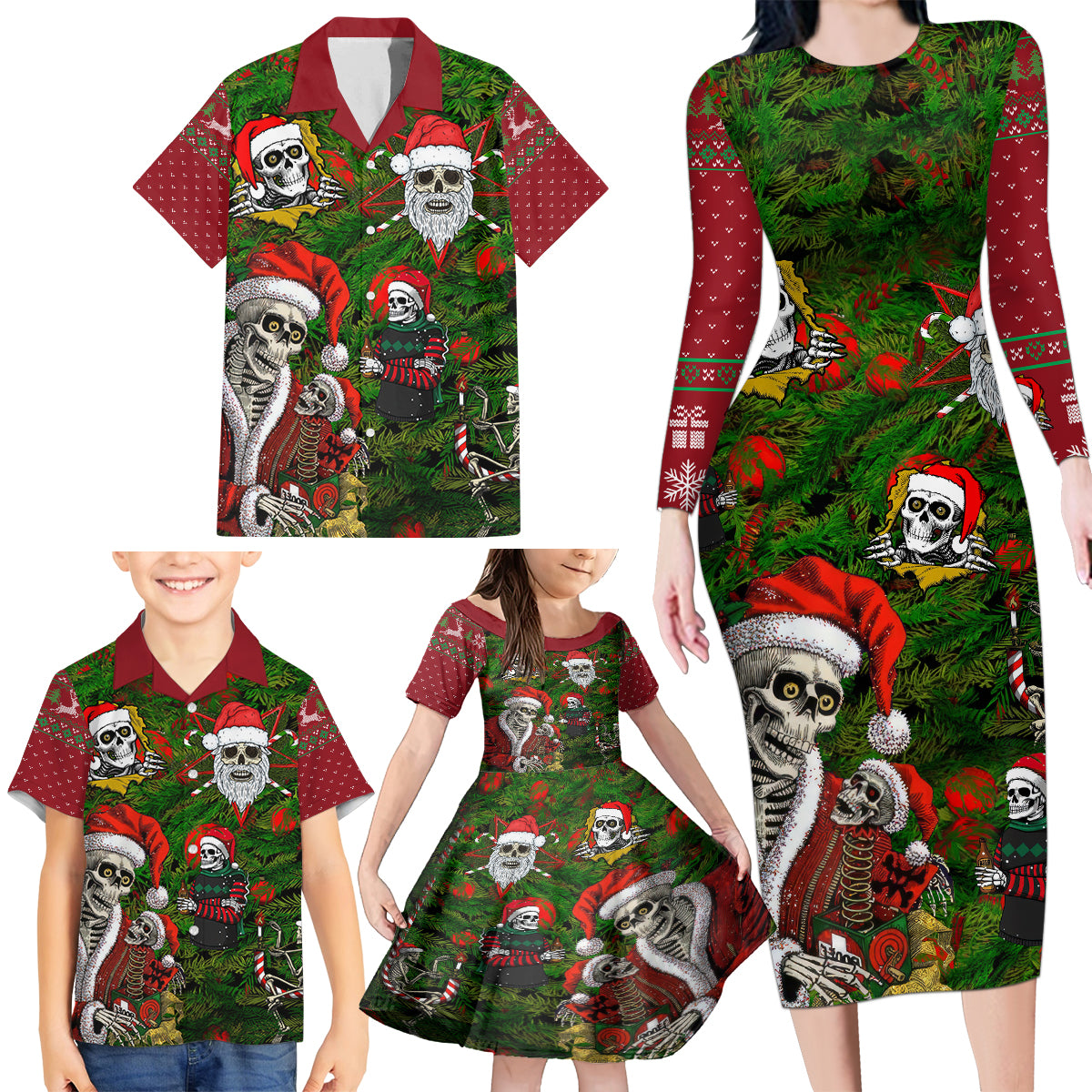 Skeleton Santa Claus Family Matching Long Sleeve Bodycon Dress and Hawaiian Shirt Multi Skeleton Santa Pattern Ugly Christmas - Wonder Print Shop