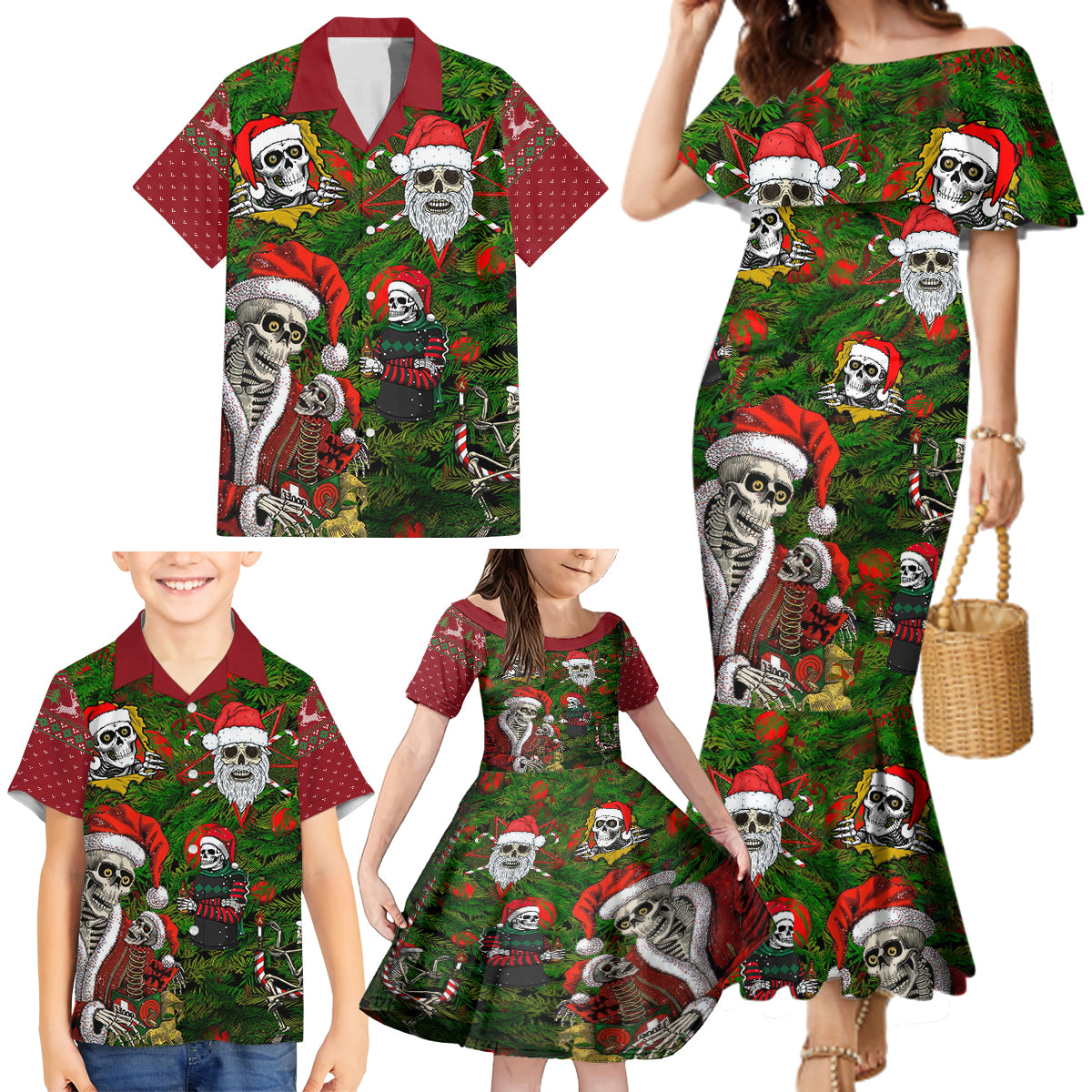 Skeleton Santa Claus Family Matching Mermaid Dress and Hawaiian Shirt Multi Skeleton Santa Pattern Ugly Christmas - Wonder Print Shop