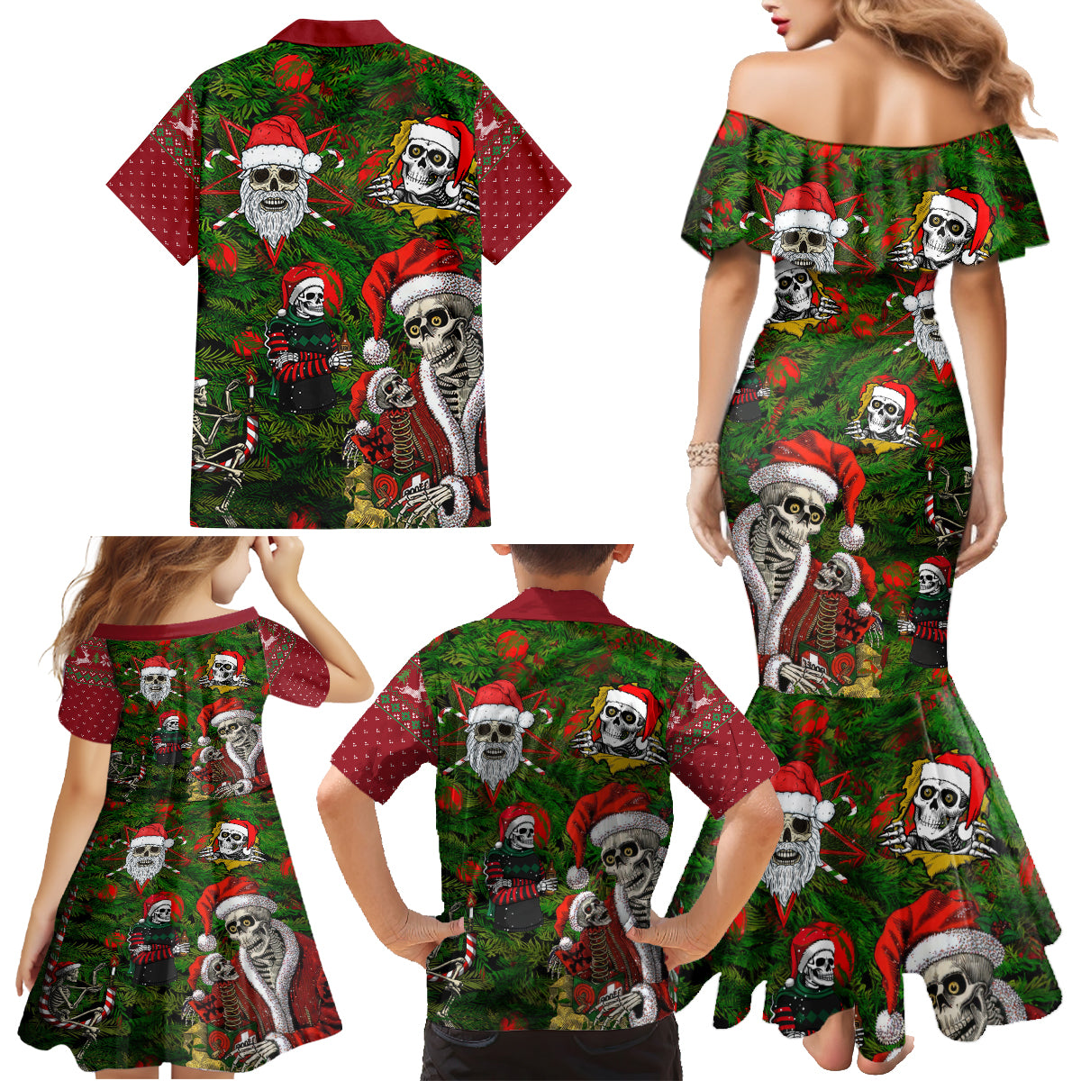 Skeleton Santa Claus Family Matching Mermaid Dress and Hawaiian Shirt Multi Skeleton Santa Pattern Ugly Christmas - Wonder Print Shop