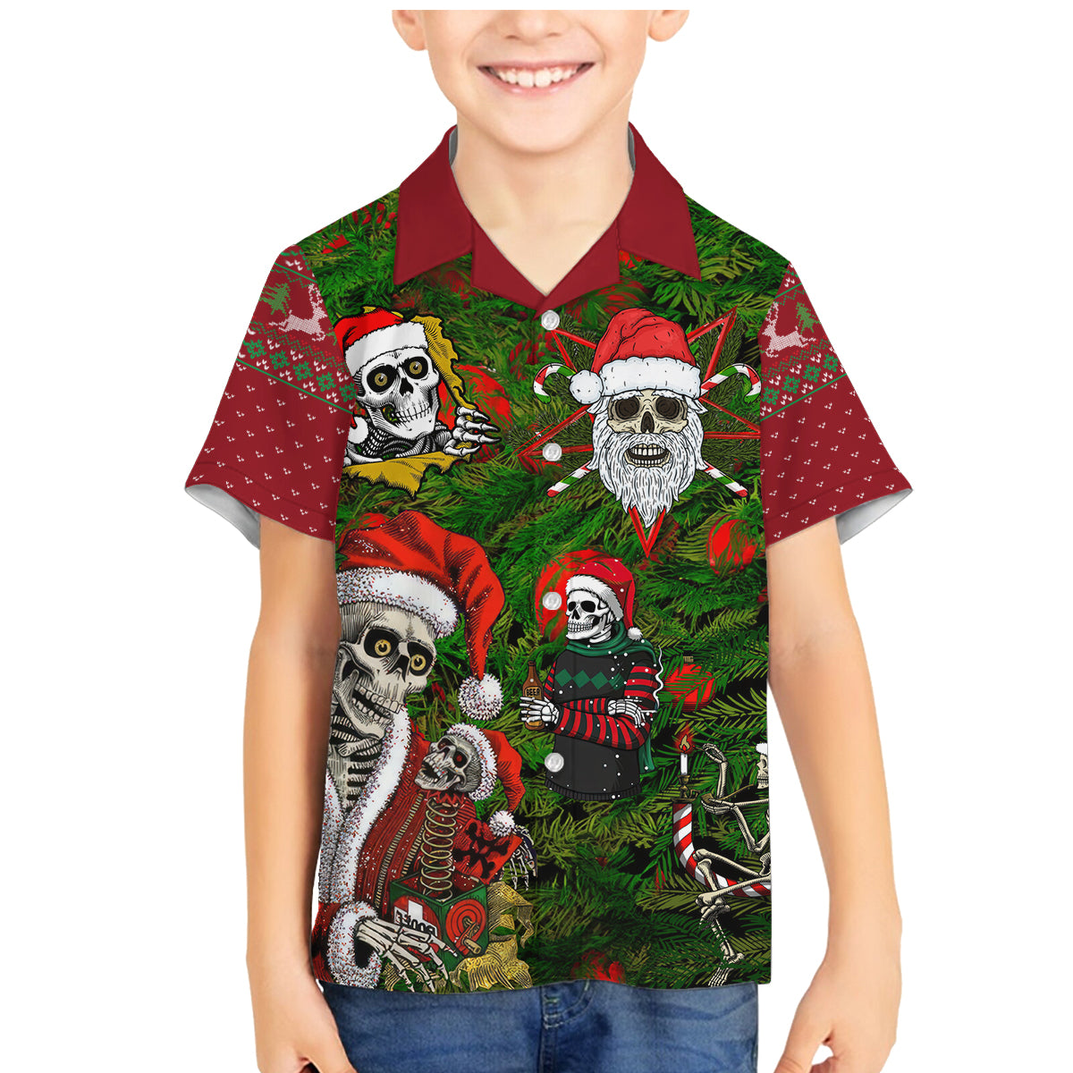 Skeleton Santa Claus Family Matching Mermaid Dress and Hawaiian Shirt Multi Skeleton Santa Pattern Ugly Christmas - Wonder Print Shop