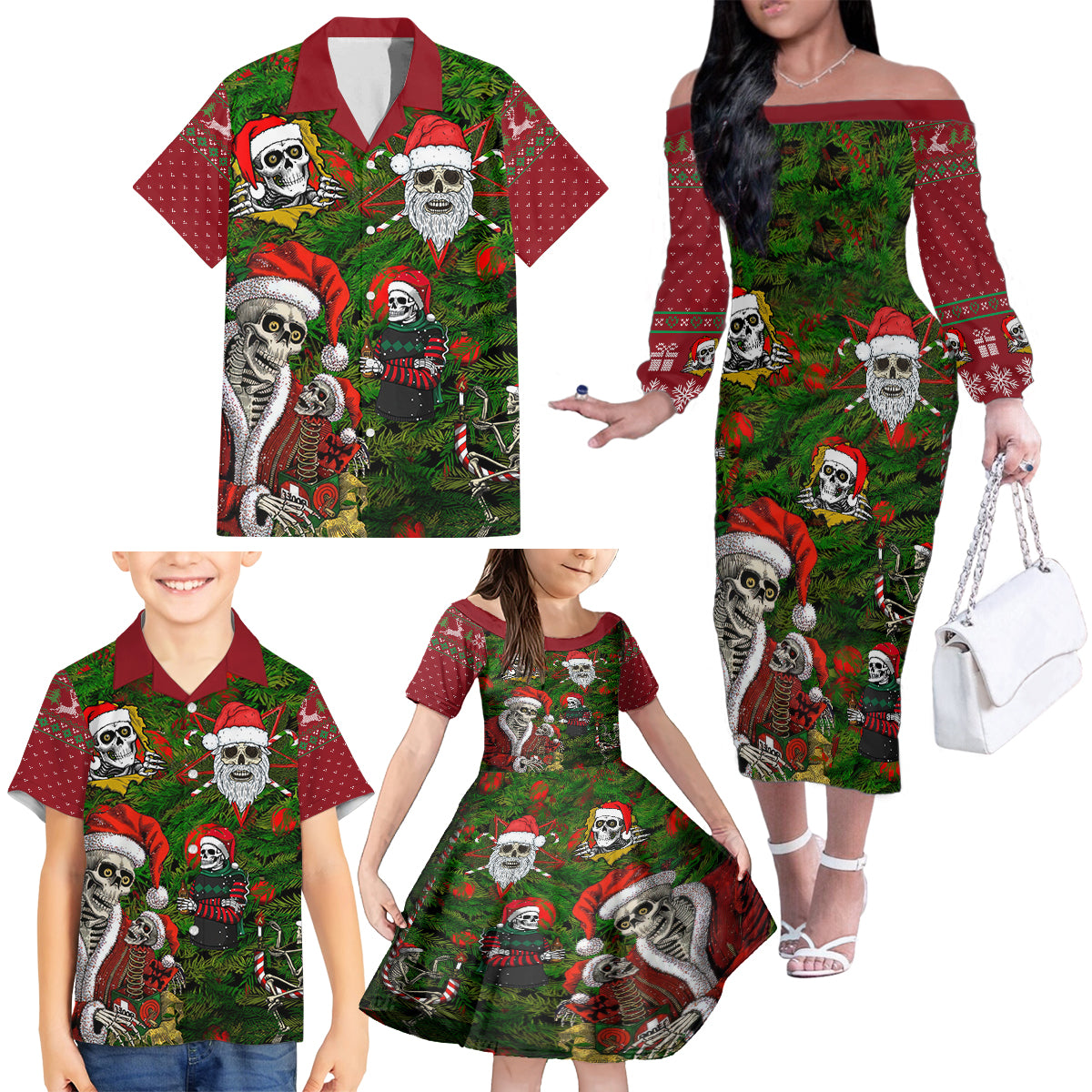 Skeleton Santa Claus Family Matching Off Shoulder Long Sleeve Dress and Hawaiian Shirt Multi Skeleton Santa Pattern Ugly Christmas - Wonder Print Shop