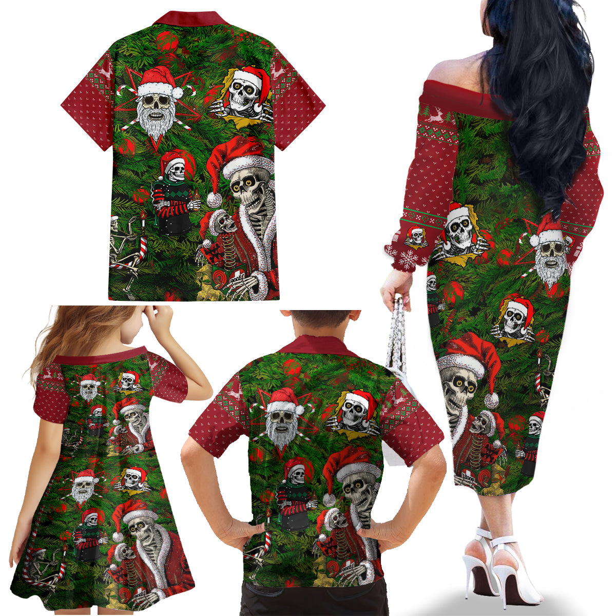 Skeleton Santa Claus Family Matching Off Shoulder Long Sleeve Dress and Hawaiian Shirt Multi Skeleton Santa Pattern Ugly Christmas - Wonder Print Shop