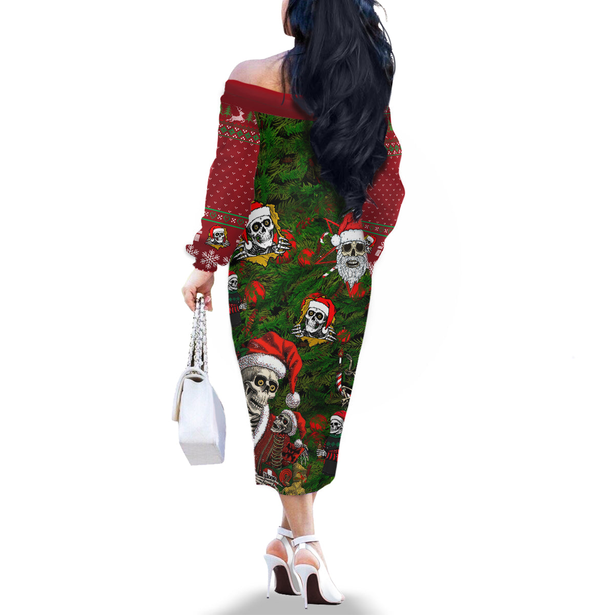 Skeleton Santa Claus Family Matching Off Shoulder Long Sleeve Dress and Hawaiian Shirt Multi Skeleton Santa Pattern Ugly Christmas - Wonder Print Shop